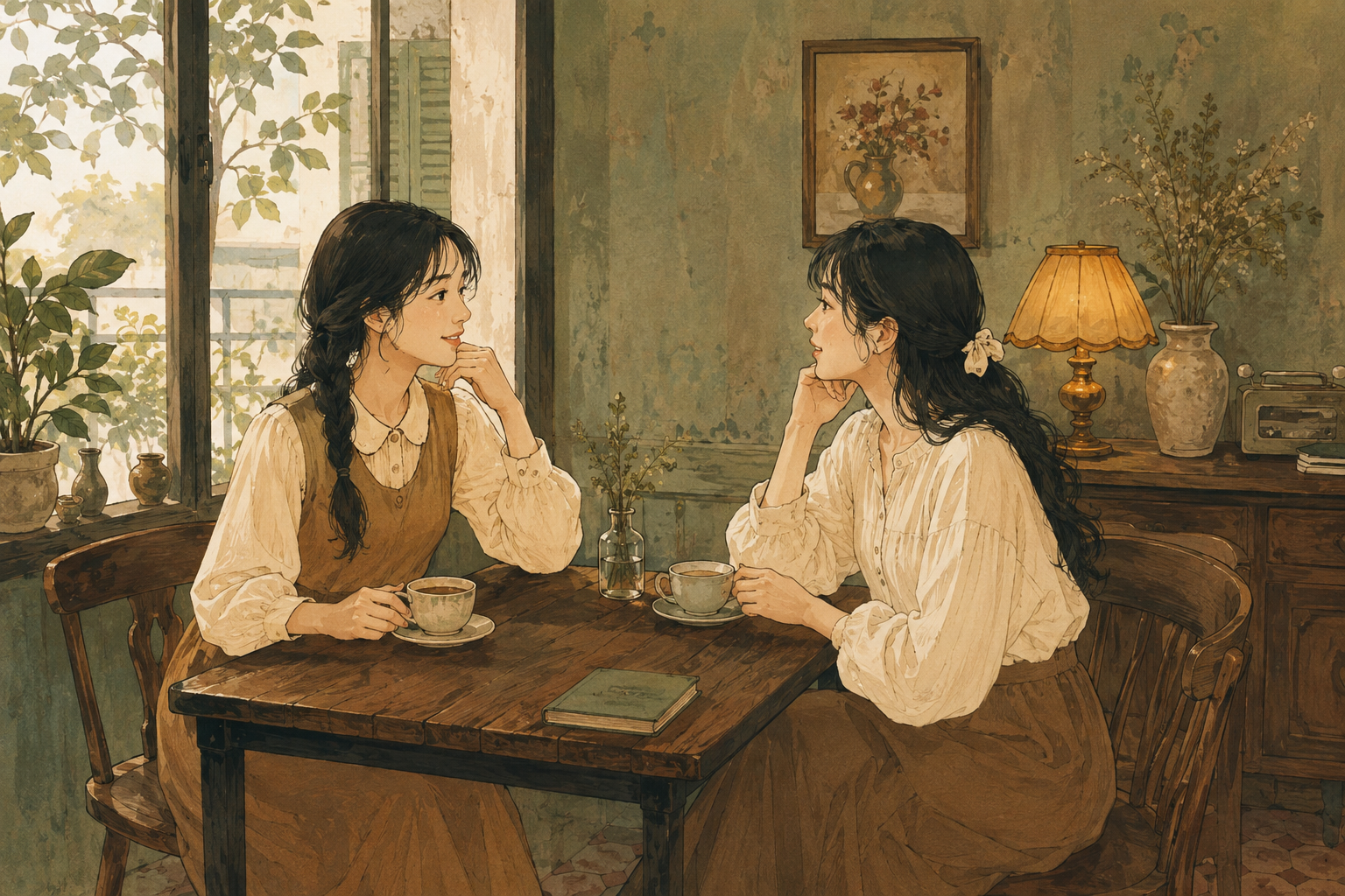Minh họa 2D hai sinh viên trò chuyện bên bàn gỗ và cửa sổ quán cà phê vintage