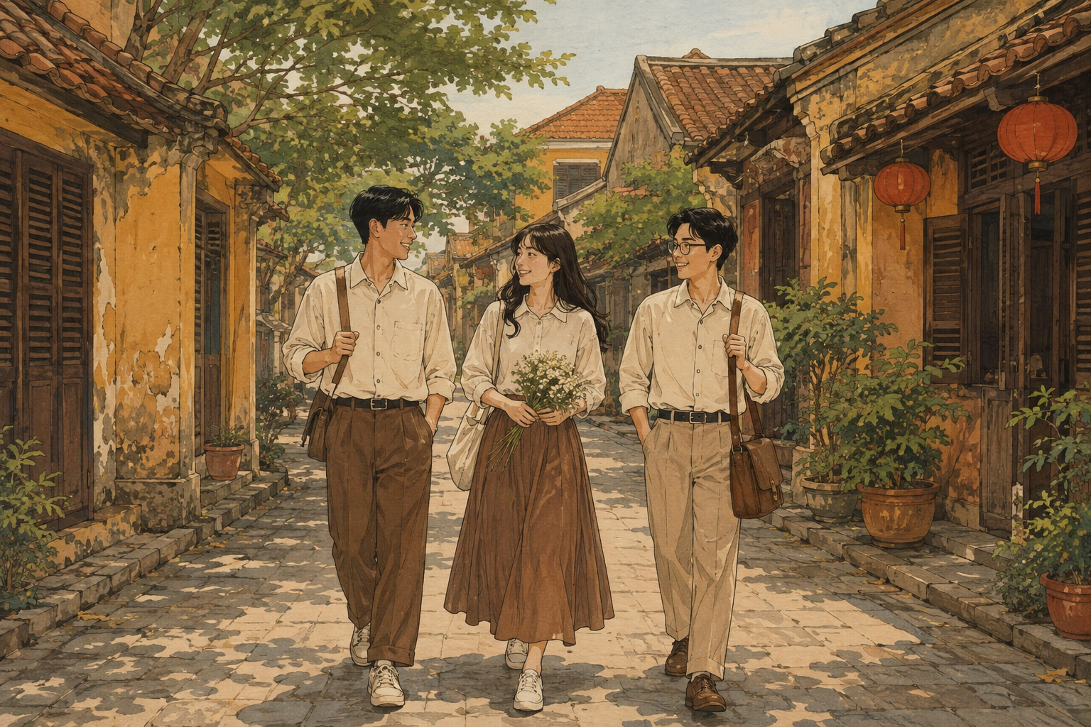 Minh họa 2D nhóm sinh viên đi bộ trên phố cổ với tường vàng và cửa gỗ