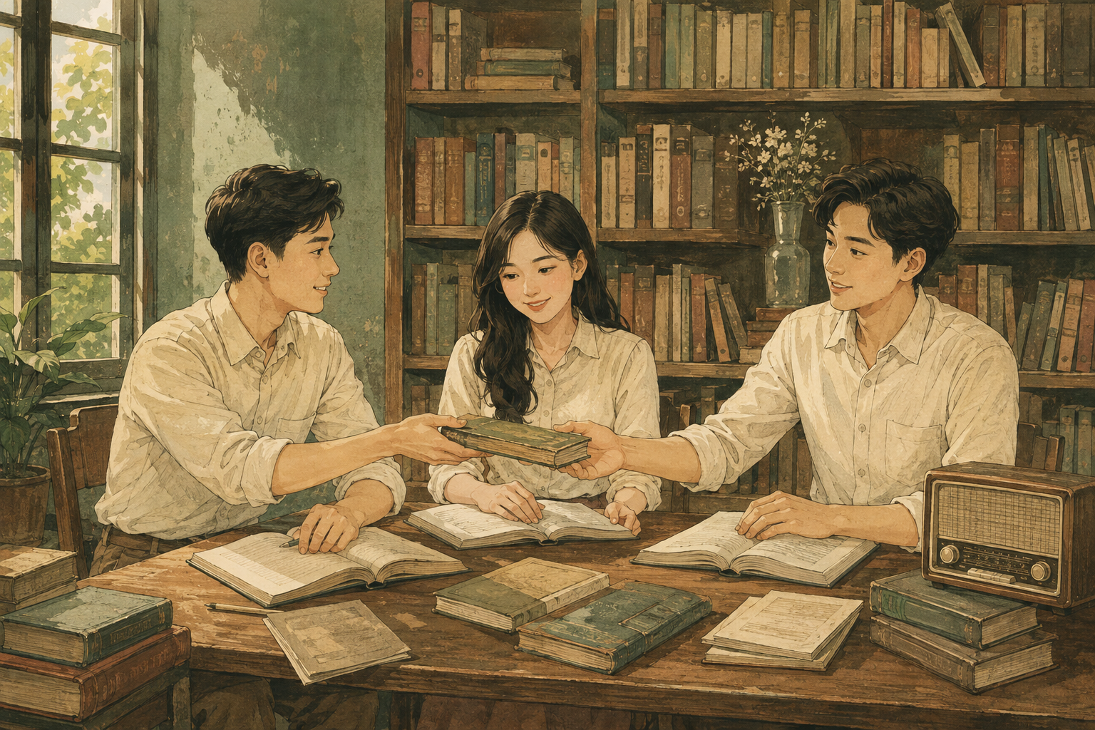 Minh họa 2D ba sinh viên trao sách bên bàn gỗ trong thư viện phong cách vintage
