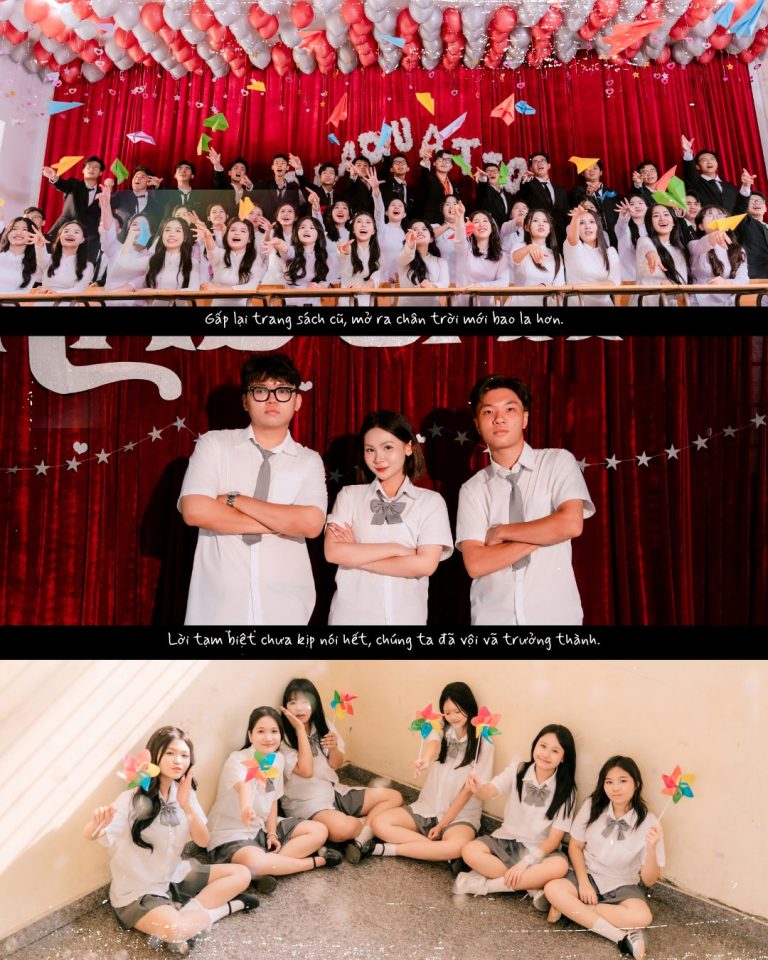 Ảnh nhóm lớn và nhóm ba học sinh dưới trang trí màu đỏ