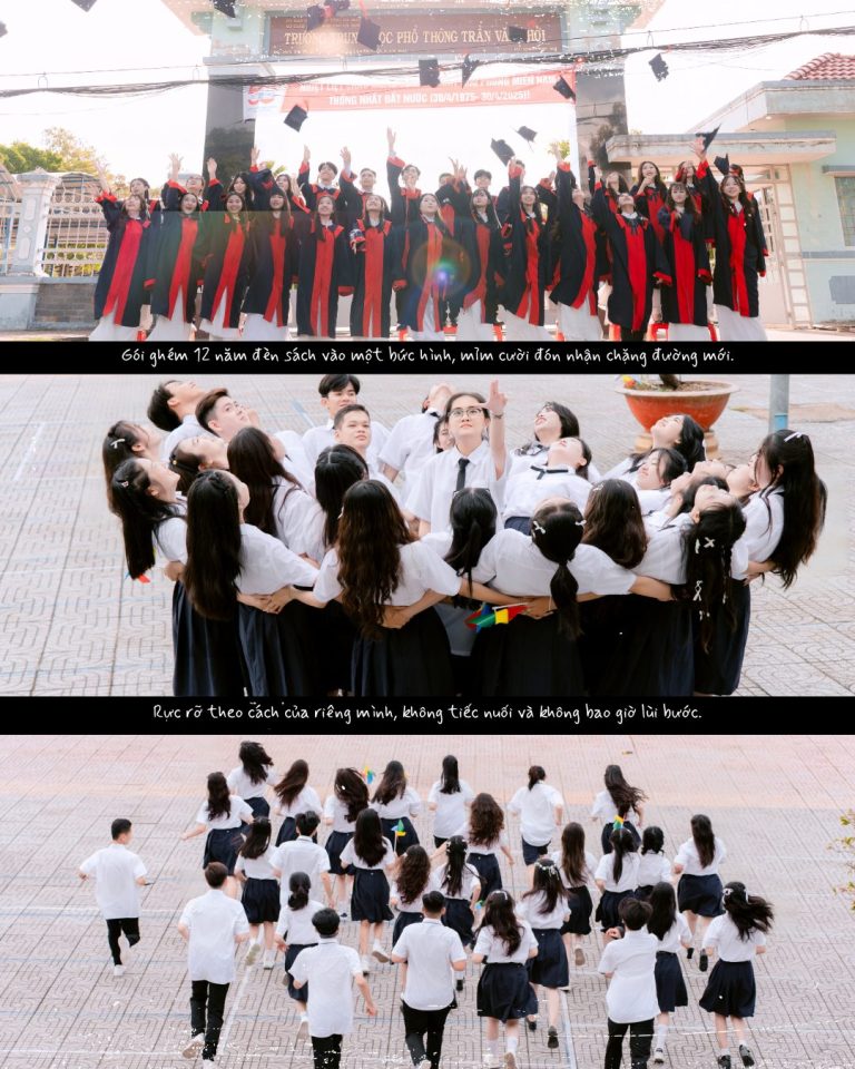 Ảnh tập thể áo tốt nghiệp và nhóm học sinh đi trong sân trường